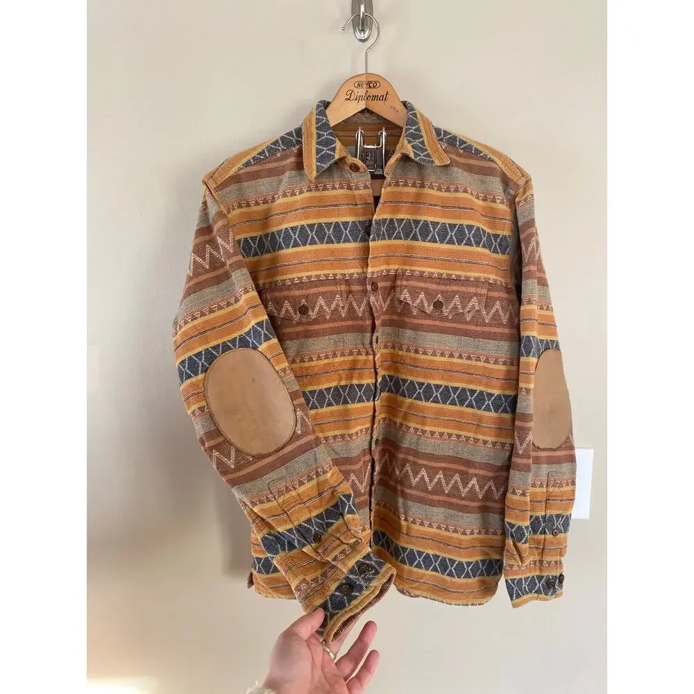 Territory Ahead Shirt Mens Medium Aztec Pattern Suede Elbow Patches Shacket 🔥
